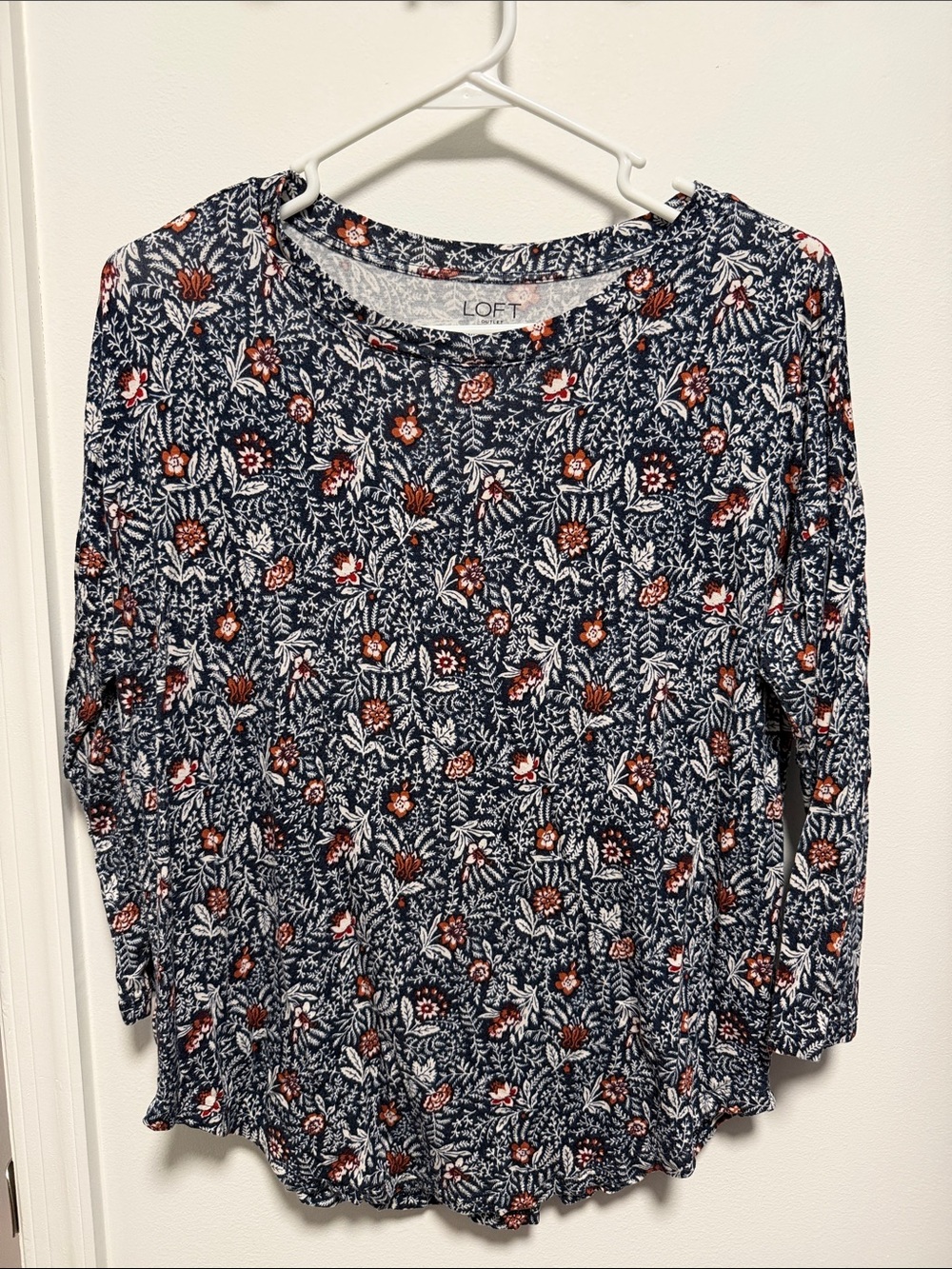 LOFT Navy Floral Print 3/4 Sleeve Tee
